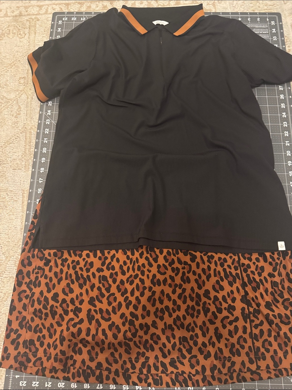 Lady Hagen Black Polo with brown Trim & Leopard Skirt